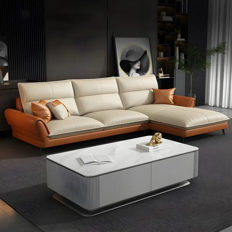 Two-tone cream and tan l shape couch premium sofa 5 seater fabric upholstery