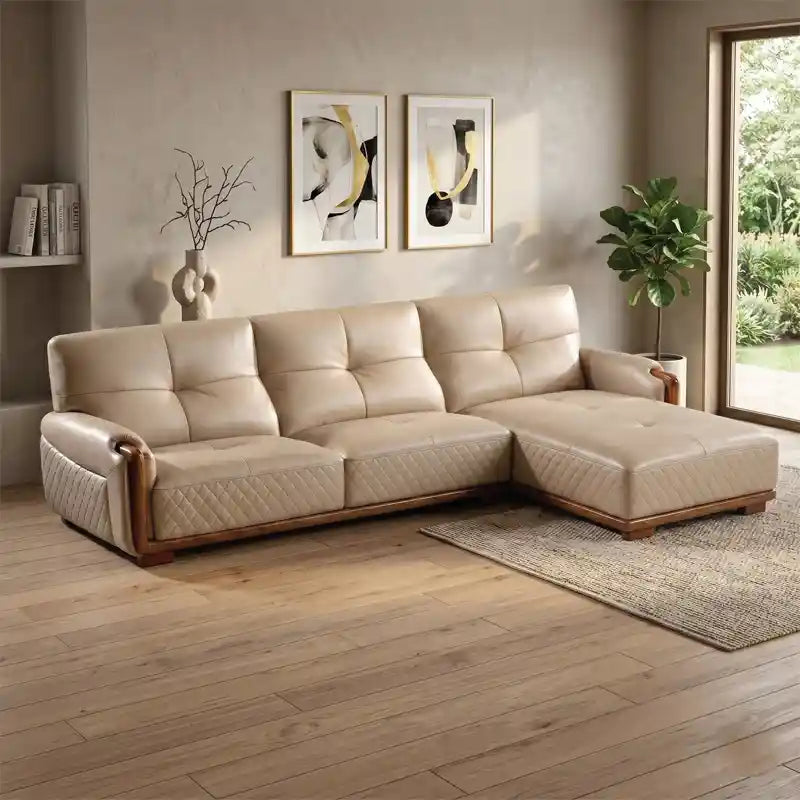 Beige tufted sofa with walnut wood frame premium sofa modern sofa design 5 seater leatherette