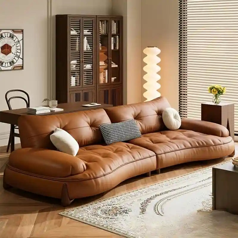 Low-profile tan leather sofa with deep tufting, pure leather sofa, premium sofa, 3 seater