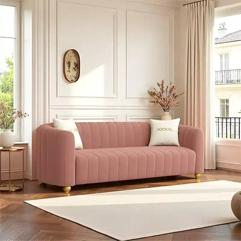 Curved blush pink velvet sofa with channel tufting premium sofa modern sofa design