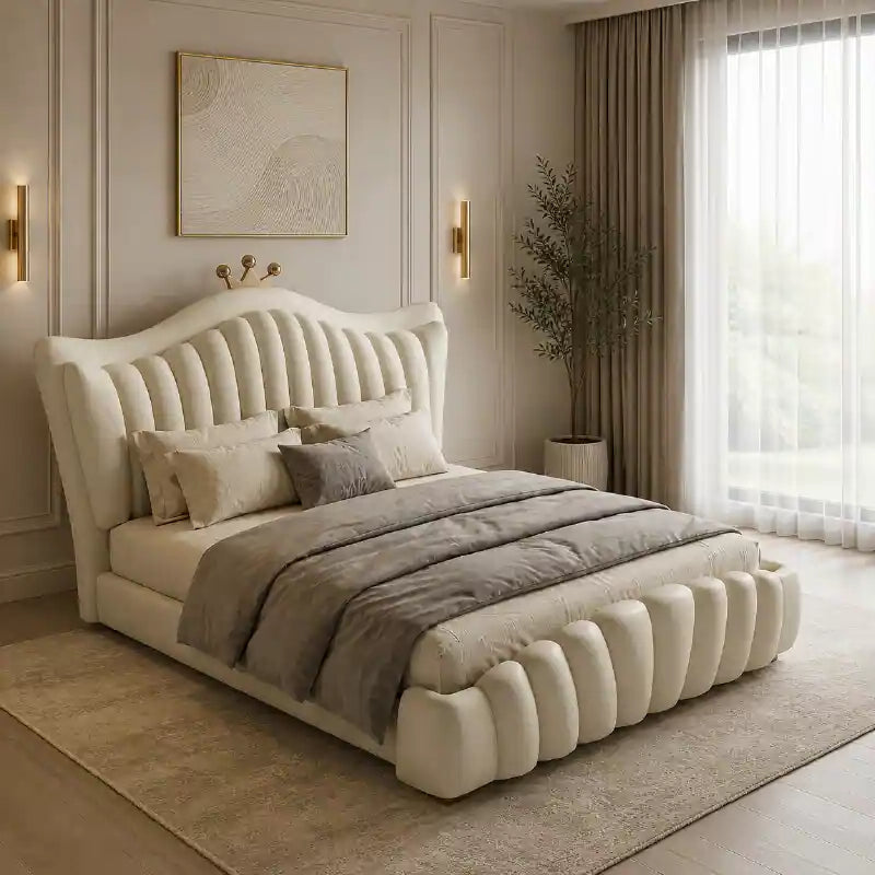 Cream tufted headboard bed frame modern bed design with gold legs and fabric upholstery