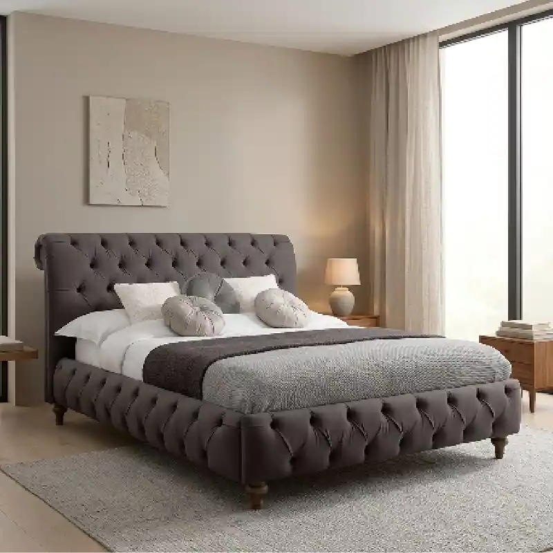 Diamond tufted wingback bed frame modern bed design dark grey velvet upholstery