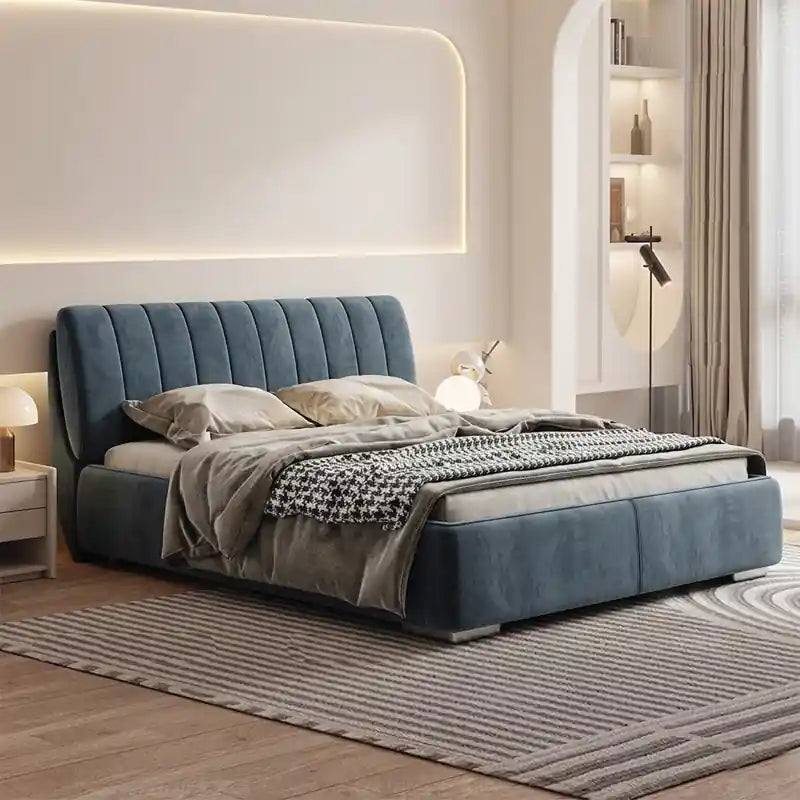 Blue velvet upholstered bed frame modern bed design curved headboard