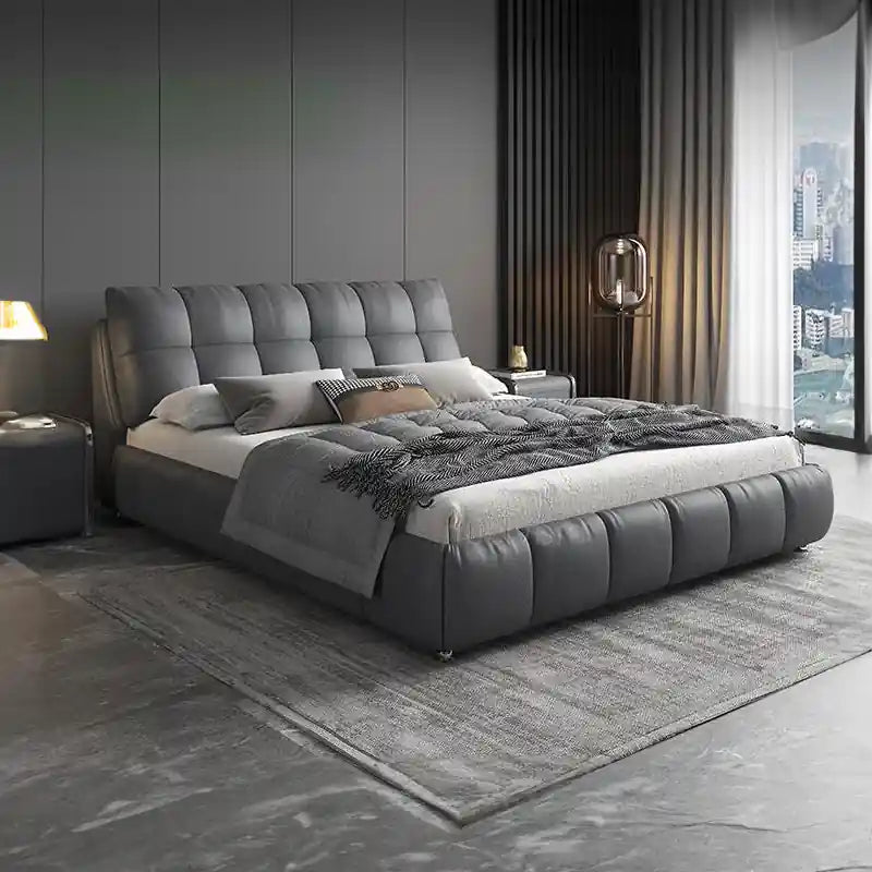 Plush padded headboard bed and cot modern style bed design grey fabric finish