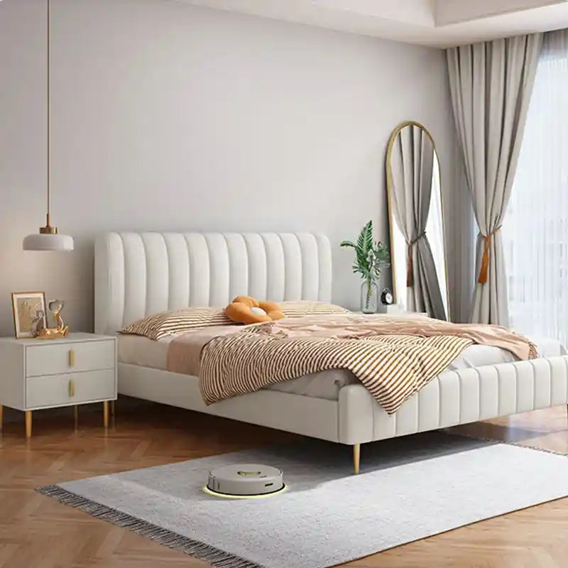 Cream upholstered bed frame modern bed design with gold legs and channel tufting