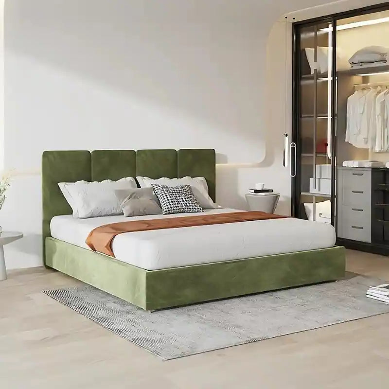 Boxy green velvet bed frame with plush headboard – bed frame, bed online