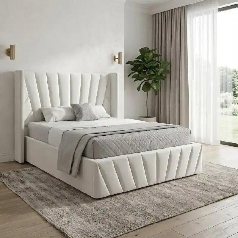 Cream wingback upholstered bed frame modern bed design geometric tufting