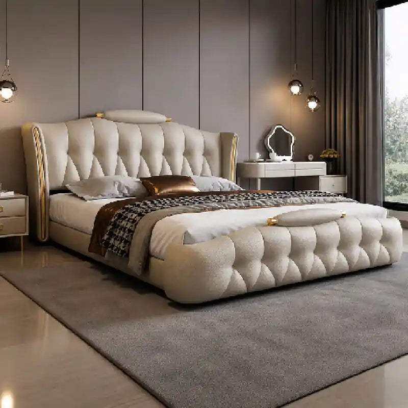 Cream tufted wingback hydraulic bed modern bed design beige upholstery