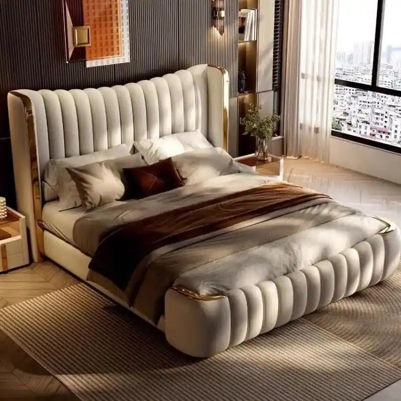 Vertical tufted luxury bed frame modern bed design cream upholstered king bed