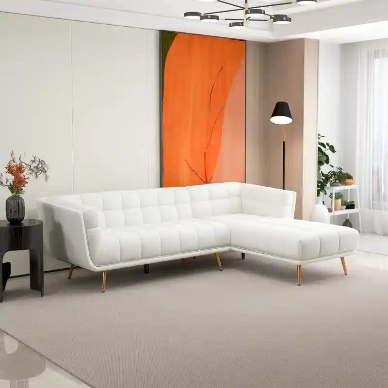 Off-white grid tufted seating with gold legs, fabric sofa modern sofa design 5 seater