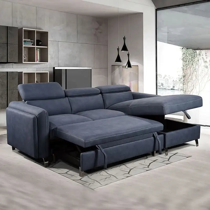 L shape sofa bed with lift-up chaise storage, dark navy fabric, raised headrests, contrast stitching, and modern sofa bed comfort