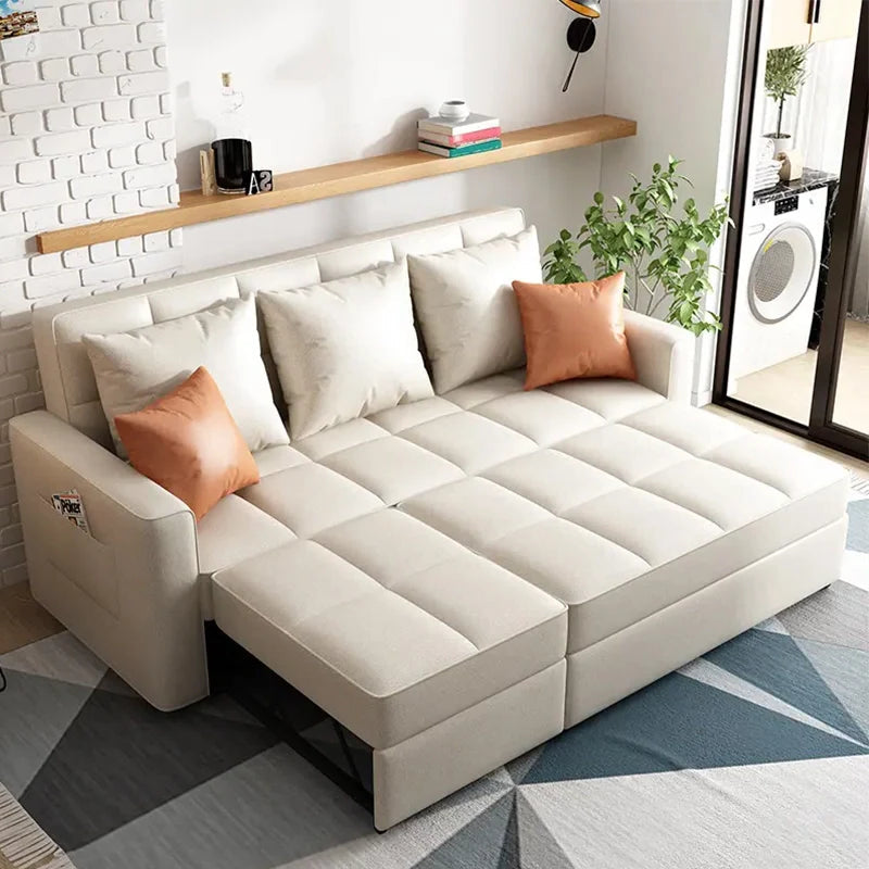 Clean-lined rectangular sofa cum bed design + convertible sofa bed + beige + 3 seater
