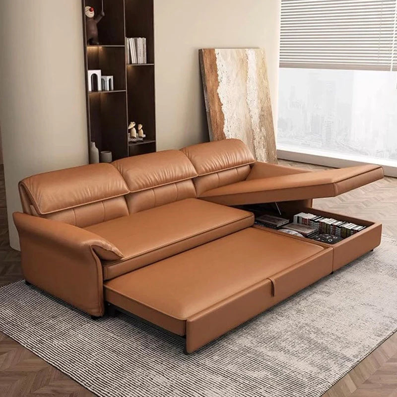 Tan leatherette modular design sofa cum bed couch sleeper – sofa cum bed design – 2+L shape