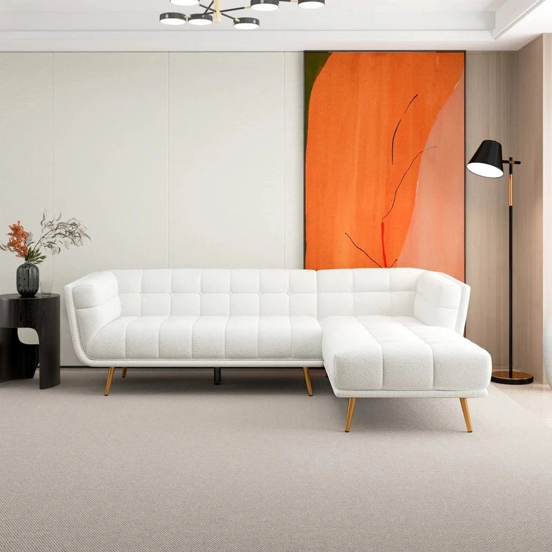 L-shaped cream tufted sofa with chaise, l shape couch premium sofa fabric upholstery