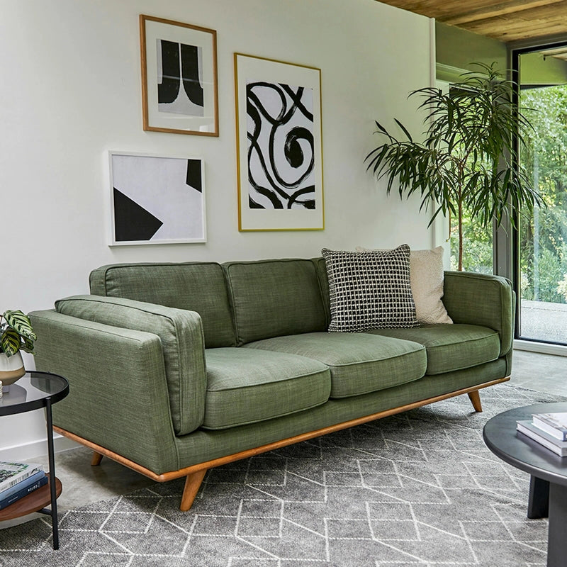 Light grey fabric sofa with wooden base, modern sofa design fabric sofa 3 seater