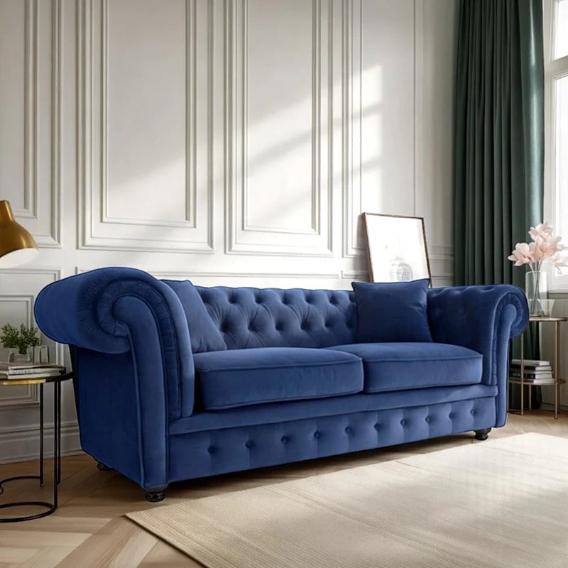 Deep tufted velvet backrest with stylish sofa design, chesterfield sofa, navy blue 3 seater