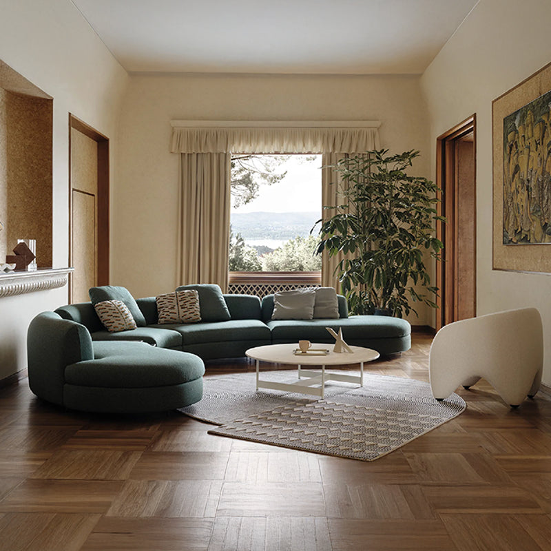 Curved teal upholstered sofa with smooth edges modern sofa design fabric sofa 4 seater sofa