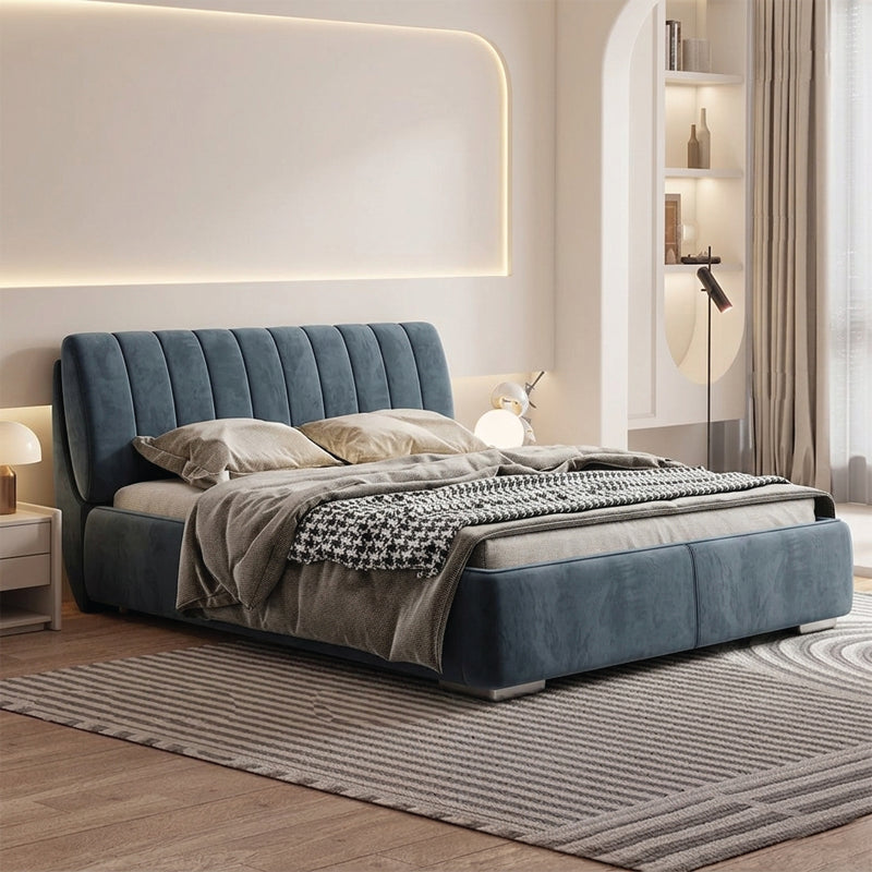 Blue velvet upholstered bed frame modern bed design curved headboard