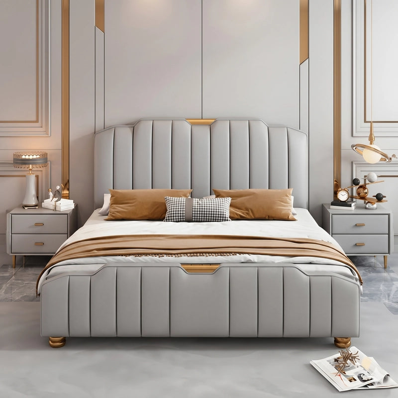 Gold-accent modern style bed design with vertical panel headboard bed frame