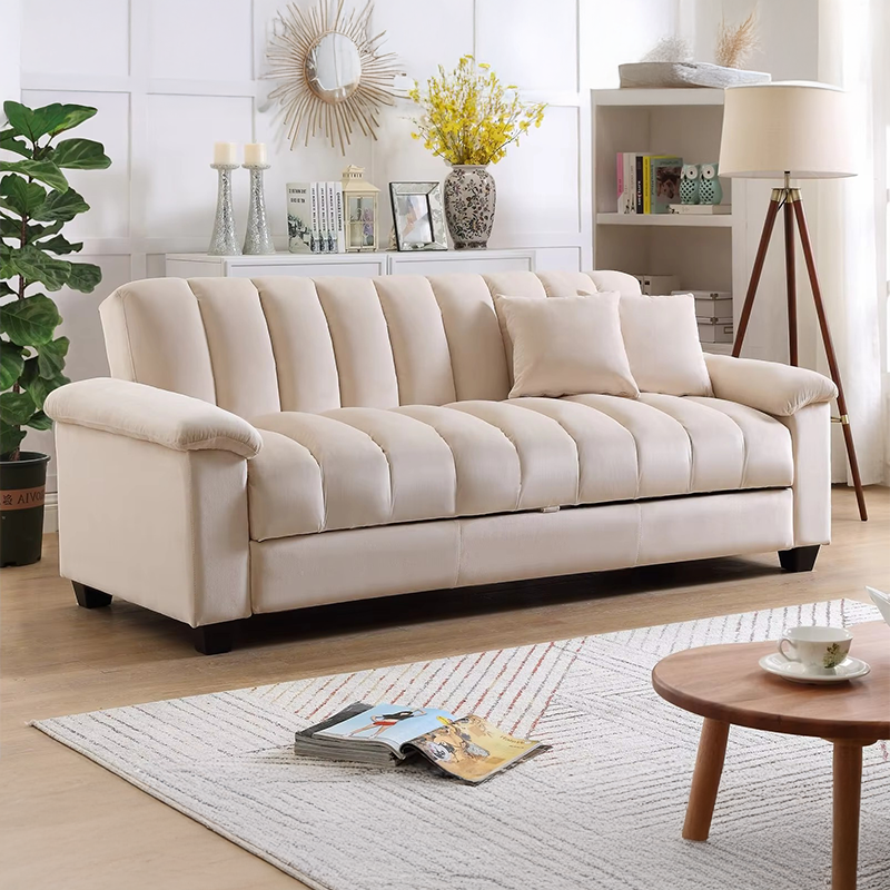 Channel tufted sofa cum bed convertible sofa bed cream velvet 3 seater