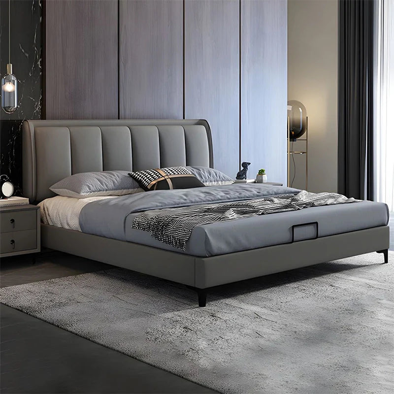 Vertical tufted headboard + hydraulic bed + master bedroom bed design + matte grey faux leather