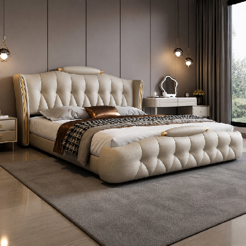 Cream tufted wingback hydraulic bed modern bed design beige upholstery