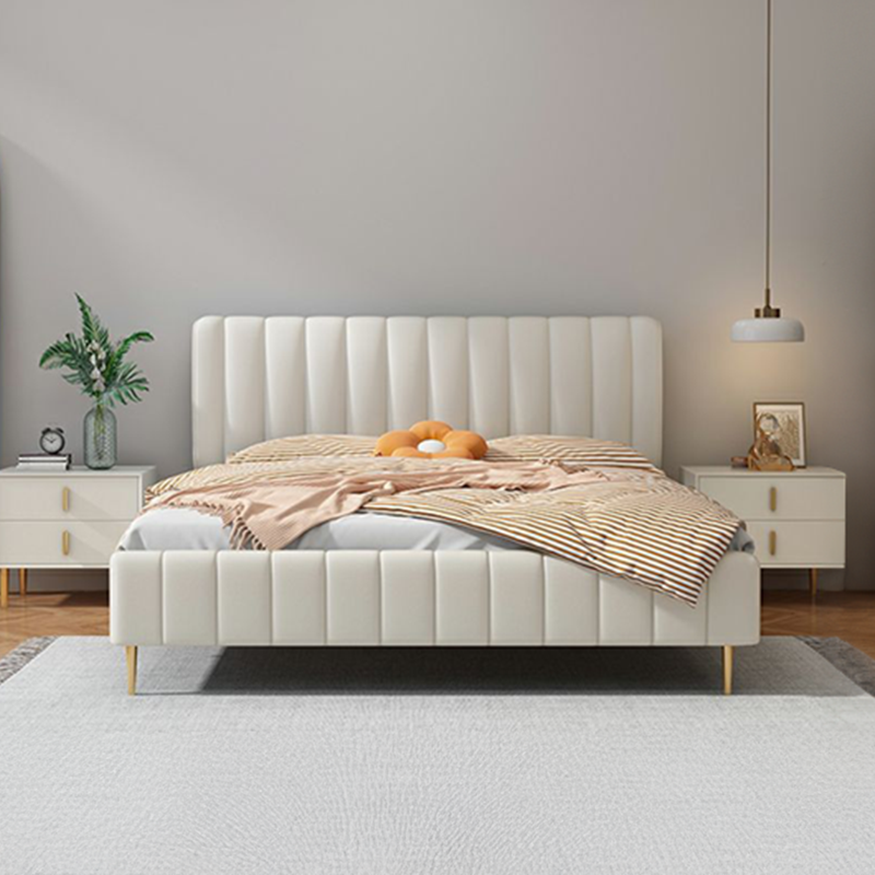 Modern style bed design upholstered cot design in cream fabric with padded headboard