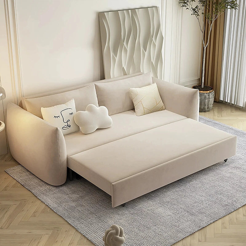 Boxy sofa bed image with rounded arms, convertible sofa bed, sleeper sofa, 3-seater fabric