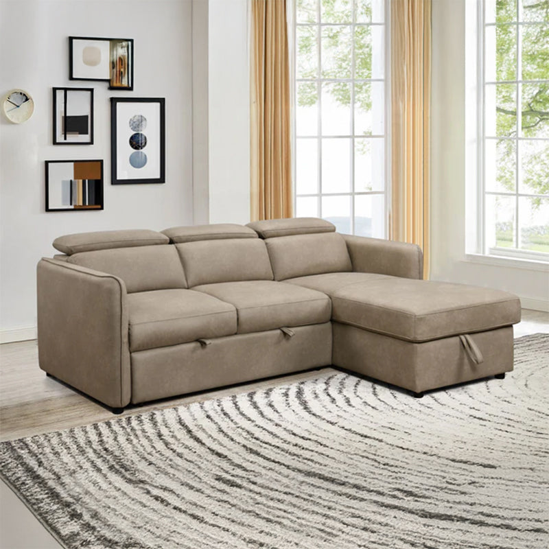 L-shaped sectional with chaise and headrests, l shape sofa cum bed convertible sofa bed beige fabric