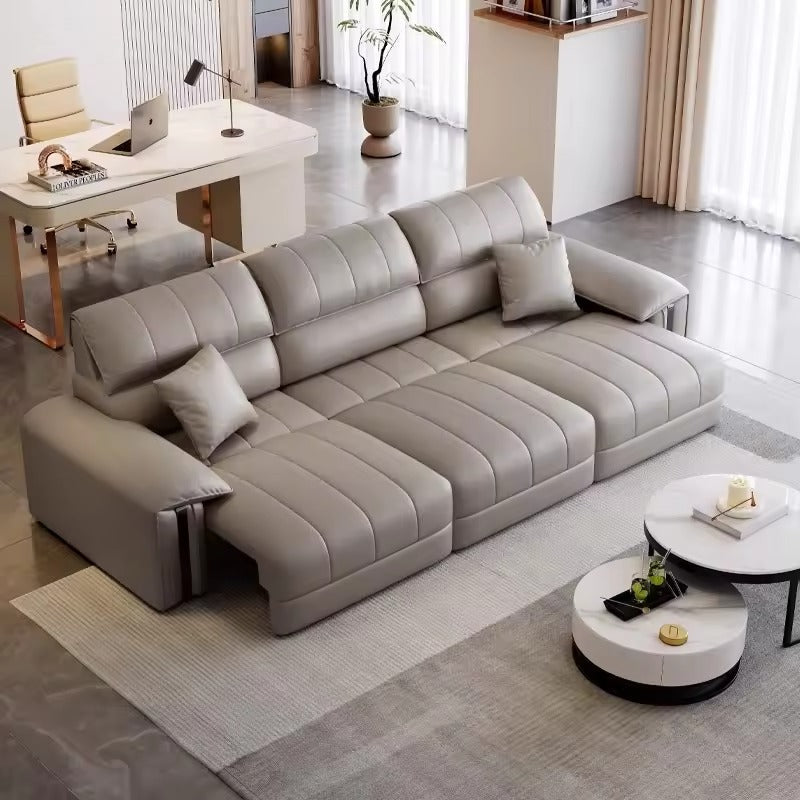 Light grey luxury sofa cum bed convertible sofa bed with channel stitching 3-seater leatherette