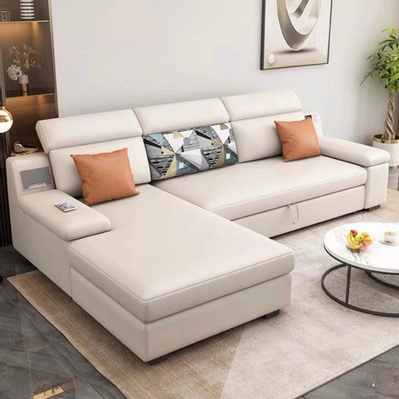 modern L shape sofa cum bed design image with chaise, fabric sectional, beige upholstery