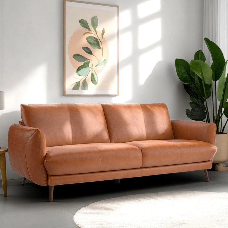Tan leather-look sofa with rounded arms premium sofa modern sofa design 3 seater