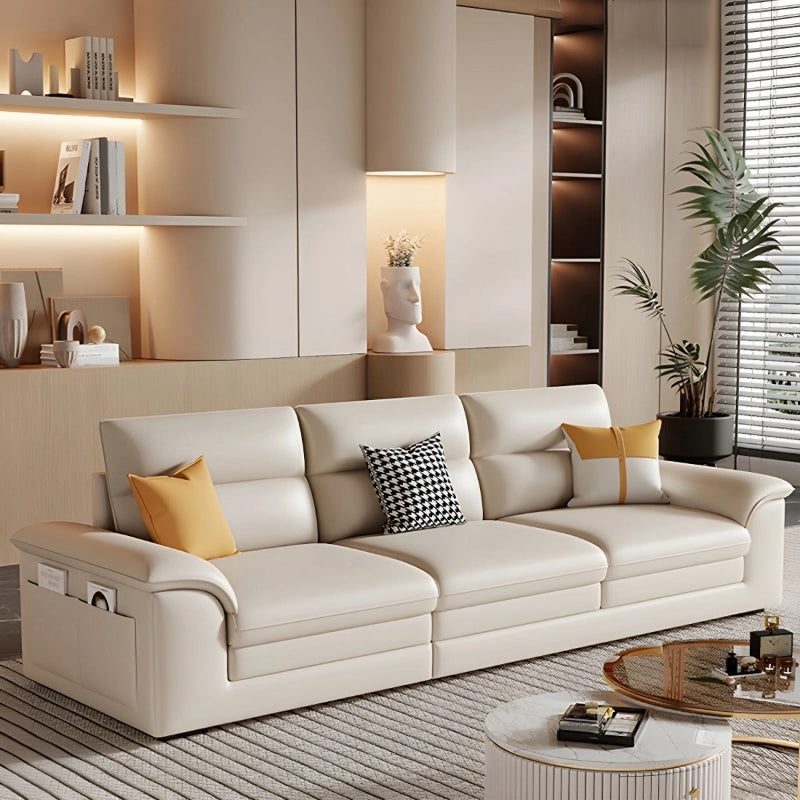 Cream upholstered L shape couch design with premium sofa fabric and deep seating