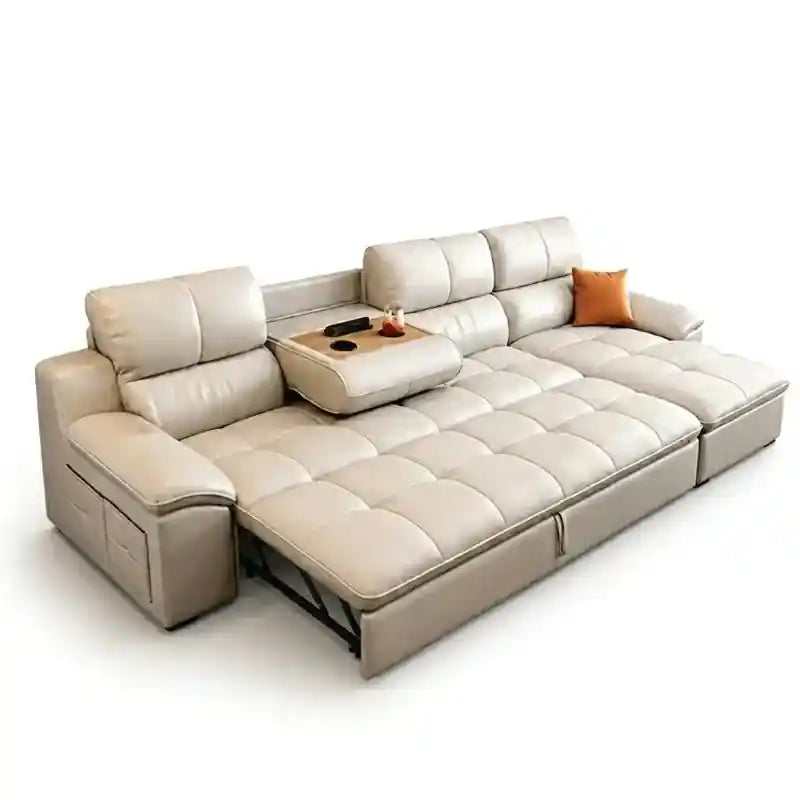 brown convertible sofa bed with console and tufted cushions