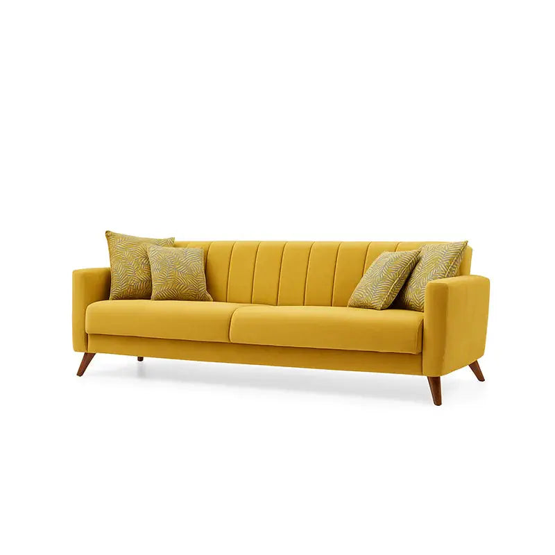 This modern sofa set features a serene light grey upholstery with a soft, velvet-like texture that gives off a calm and luxurious vibe