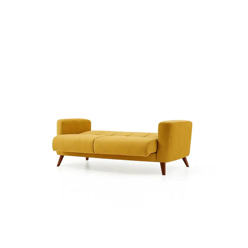 Blue sofa with wooden legs on a white background