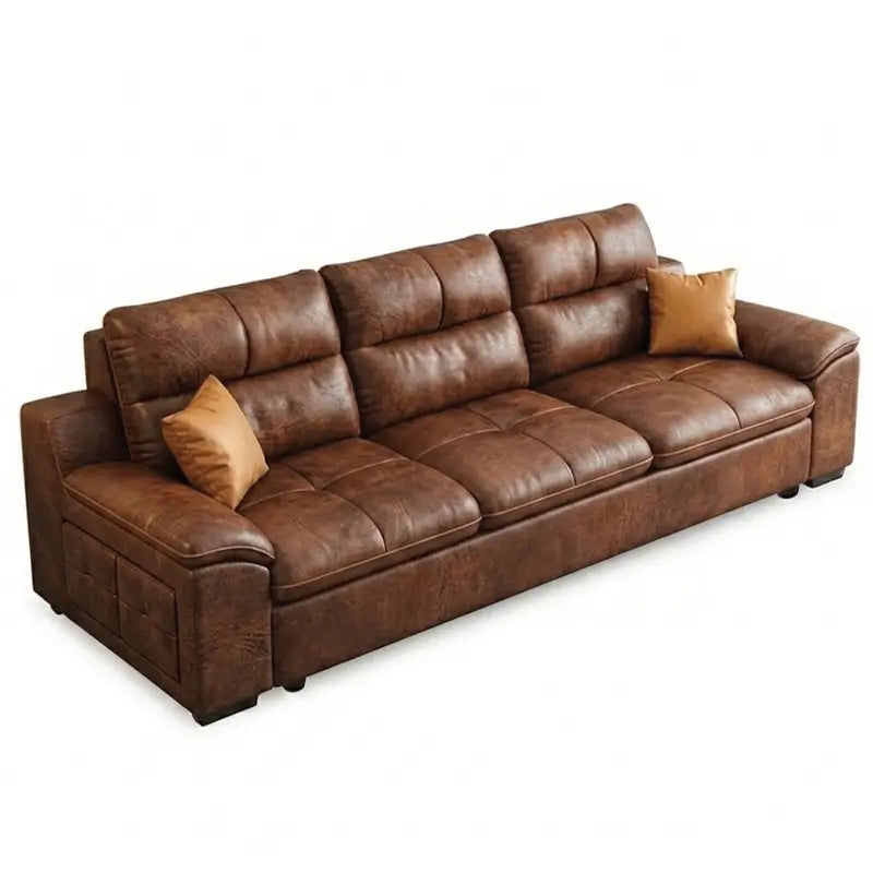 A luxurious beige sofa bed with plush, square-tufted cushioning is showcased in both folded and fully extended positions
