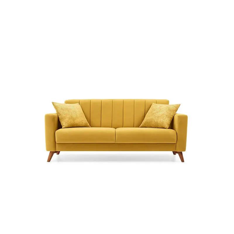 Blue sofa with patterned cushions on a white background