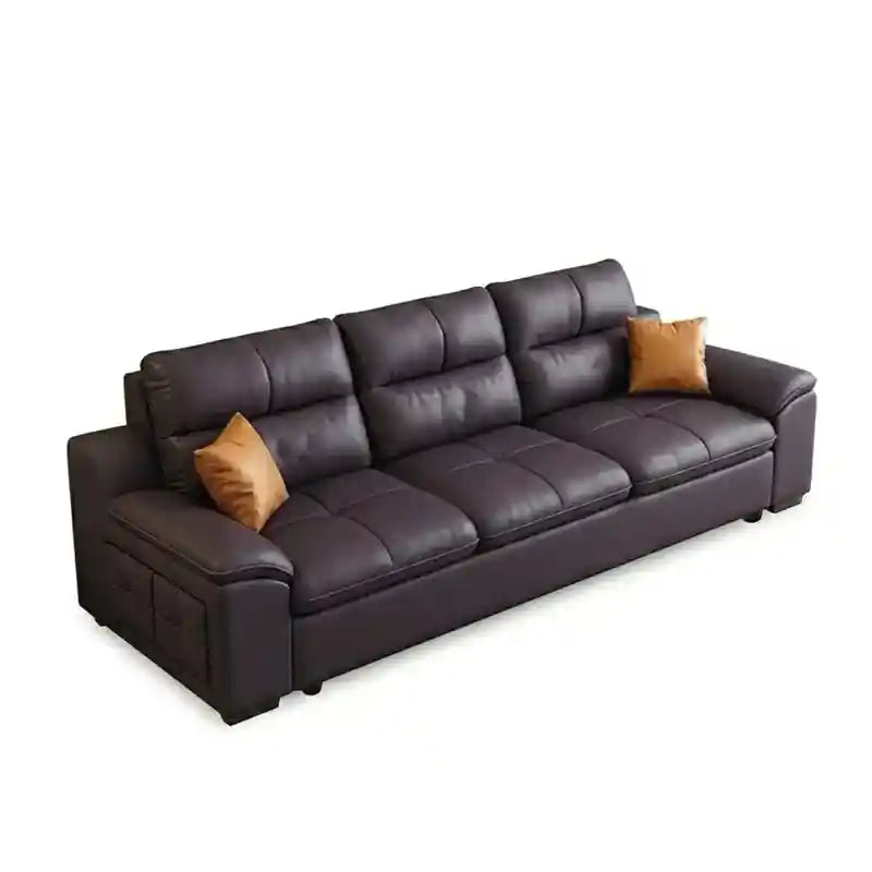 dark blue sofa cum bed with console and tufted seat design
