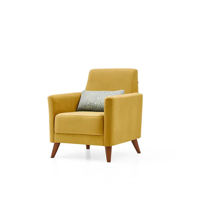Blue sofa with wooden legs on a white background