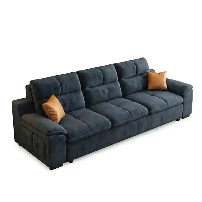 brown L shape sofa bed with console and chaise lounge