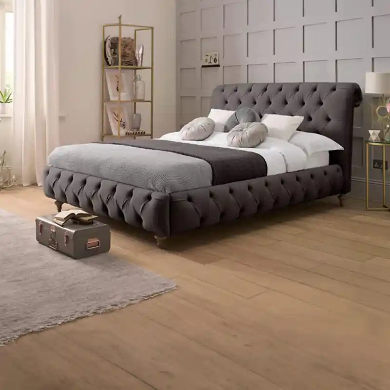 Plush upholstered cot design new bed design charcoal fabric king bed
