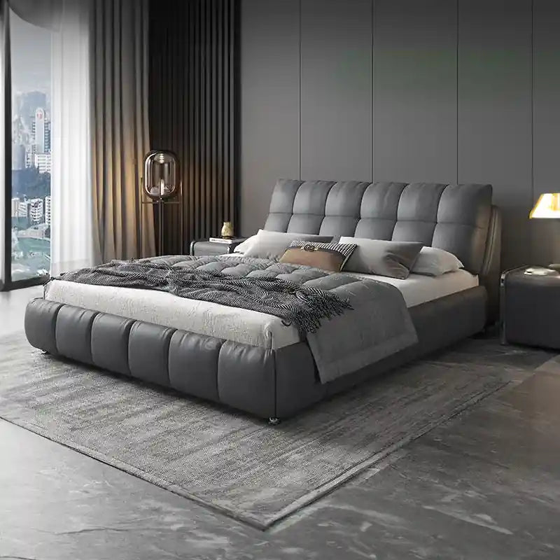 Dark grey tufted upholstered bed frame modern bed design master bedroom bed design