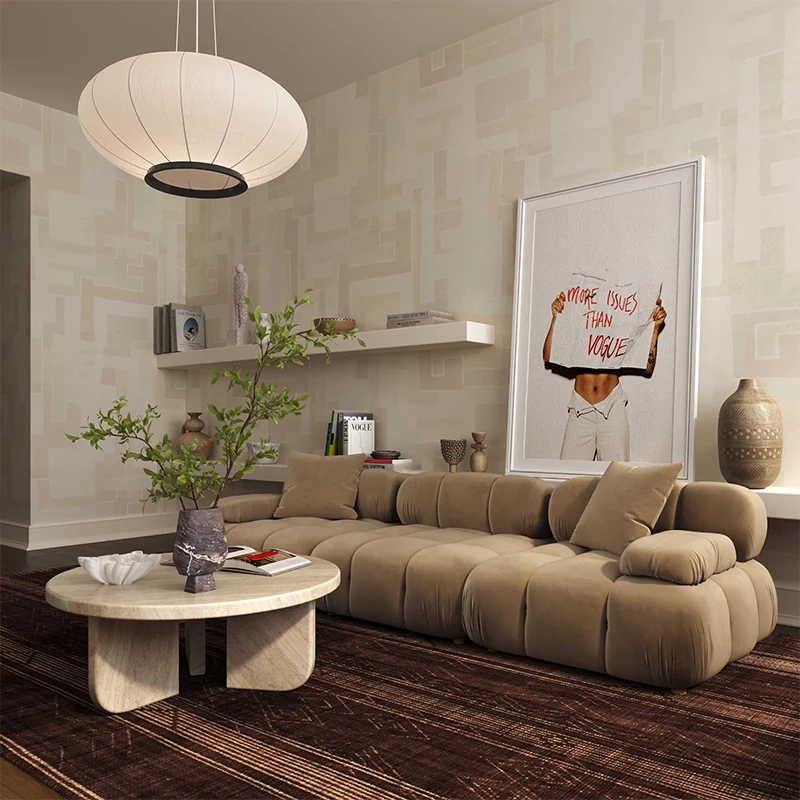 Beige velvety texture and bolster arms – modern sofa design + sofa set design + 3 seater