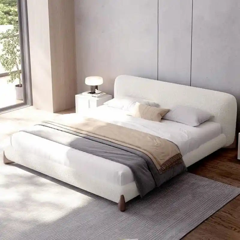 Rounded upholstered bed online modern style bed design off-white fabric frame