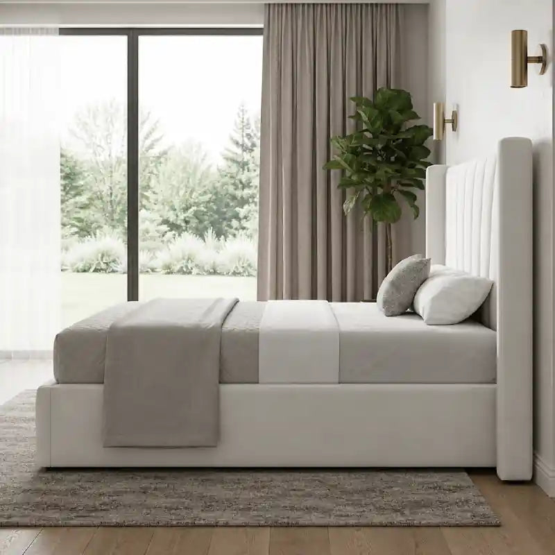 Luxury padded headboard bed online modern style bed design cream fabric