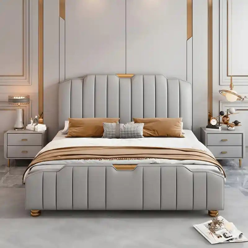 Gold-accent modern style bed design with vertical panel headboard bed frame