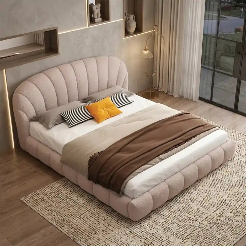 Plush shell headboard modern style bed design beige textured cot design