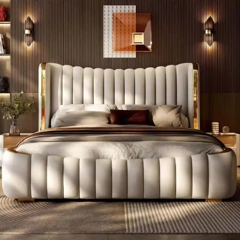 Gold accent upholstered modern style bed design new bed design taupe bed
