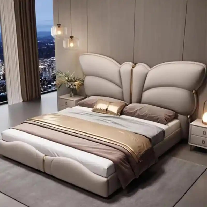 Gold-trimmed beige padding detail — bed online and bed and cot visuals